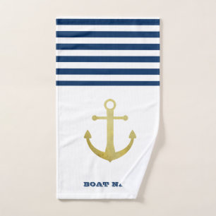 Nautical Boat Name,Gold Anchor  Navy Blue Striped Bath Towel Set