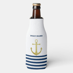 Nautical Boat Name,Gold Anchor  Navy Blue Striped Bottle Cooler
