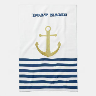 Nautical Boat Name,Gold Anchor Navy Blue Stripes Kitchen Towel