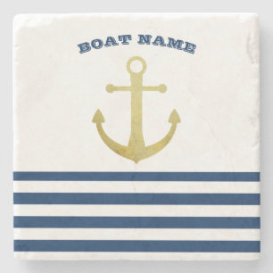 Nautical Boat Name,Gold Anchor Navy Blue Stripes Stone Coaster
