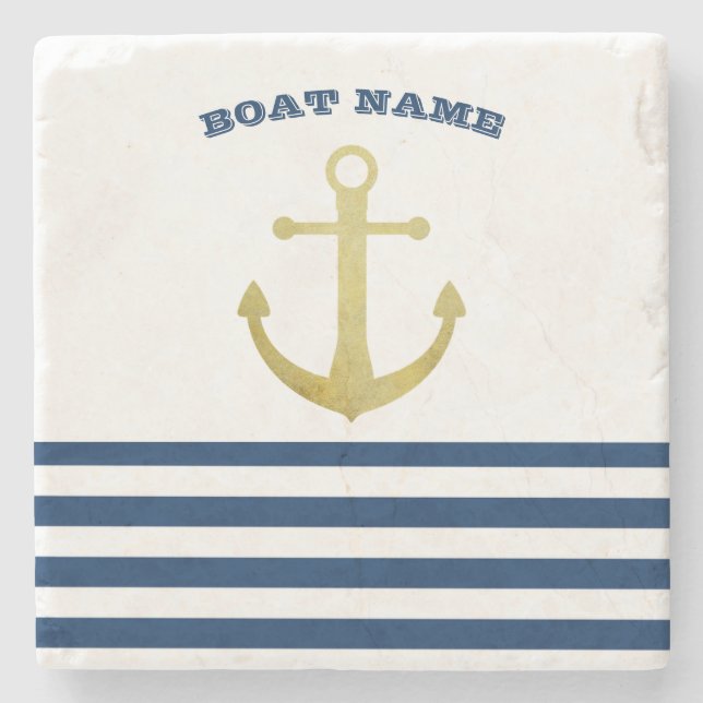 Nautical Boat Name,Gold Anchor Navy Blue Stripes Stone Coaster (Front)