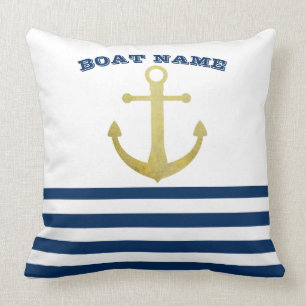 Nautical Boat Name,Gold Anchor Navy Blue  Stripes Throw Pillow