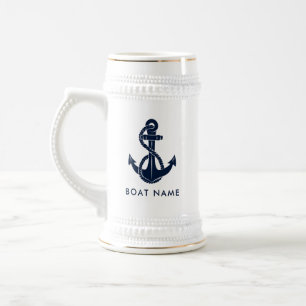 Nautical Boat Name Navy Blue Anchor Custom Beer Stein