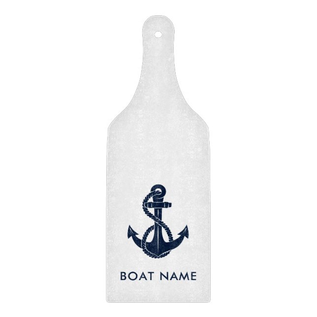 Nautical Boat Name Navy Blue Anchor Custom Cutting Board (Front)