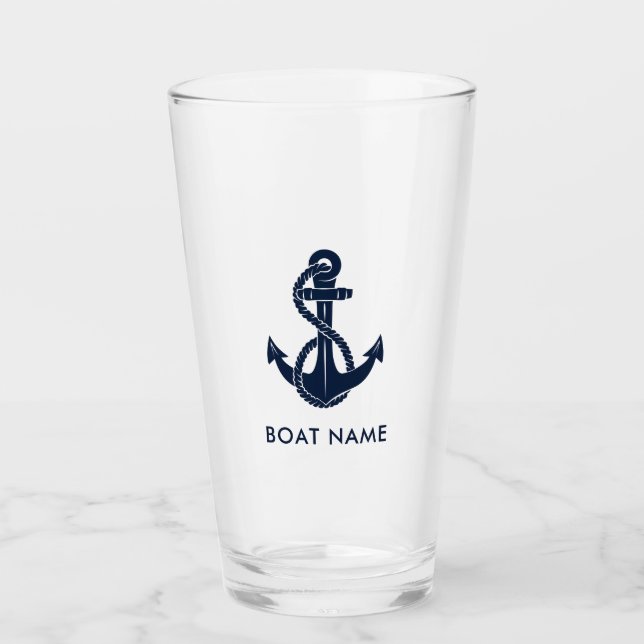 Nautical Boat Name Navy Blue Anchor Custom Glass (Front)