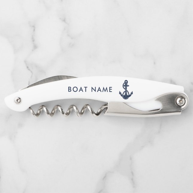 Nautical Boat Name Navy Blue Anchor Party Custom Corkscrew (Back)