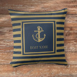 Nautical Boat Name Navy Blue And Gold Striped Throw Pillow<br><div class="desc">A nautical design featuring an anchor,  stylish navy blue and gold stripes and personalized with your boat name. Designed by Thisisnotme©</div>