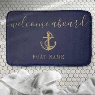 Nautical Boat Name Navy Blue Gold Welcome Aboard Bath Mat