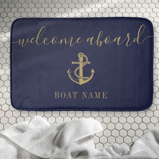 Nautical Boat Name Navy Blue Gold Welcome Aboard Bath Mat (Nautical Boat Name Navy Blue Gold Welcome Aboard Bath Mat)