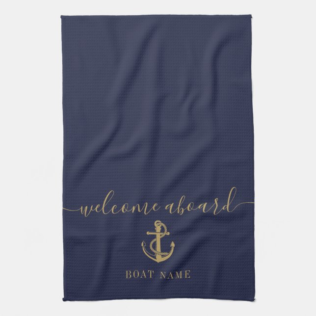 Nautical Boat Name Navy Blue Gold Welcome Aboard Kitchen Towel (Vertical)
