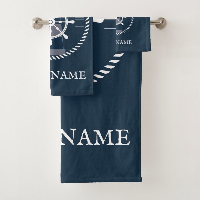 Nautical Boat Name Navy Blue Personalized Bath Towel Set (Insitu)