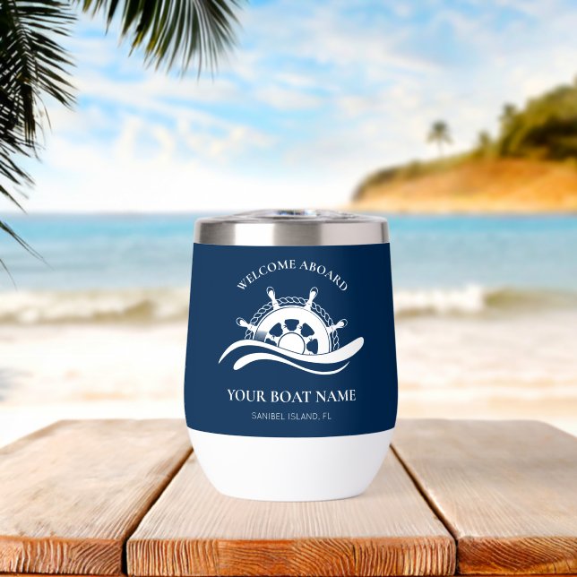 Nautical Boat Name Navy Blue Ship Wheel Welcome (Beach (Rotated))