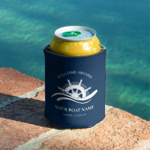 Nautical Boat Name Navy Blue Ship Wheel Welcome Can Cooler
