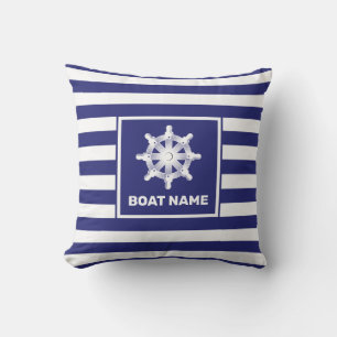 Nautical Boat Name Navy Blue Striped Design Throw Pillow