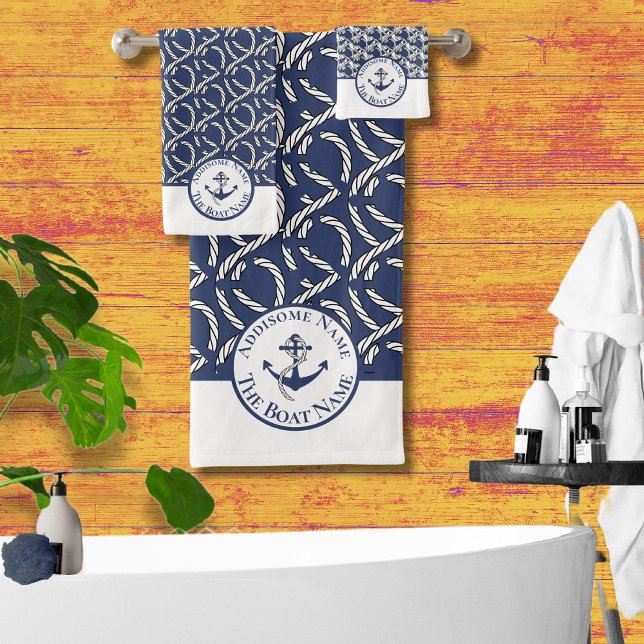 Nautical Boat Name Navy Blue  White Anchor n Rope Bath Towel Set (Creator Uploaded)