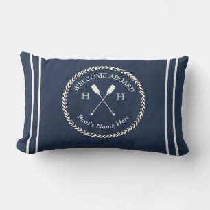 Nautical Boat Name Paddles Rope Navy Blue Welcome  Lumbar Pillow