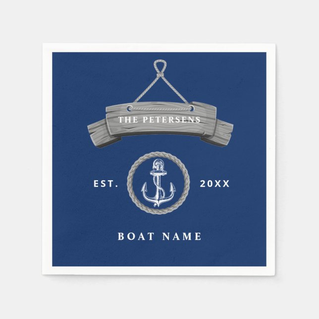 Nautical boat name personalized family navy blue napkin (Front)