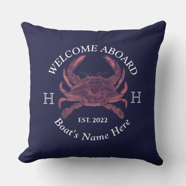 Nautical Boat Name Red Crab Welcome Navy Blue  Outdoor Pillow (Front)