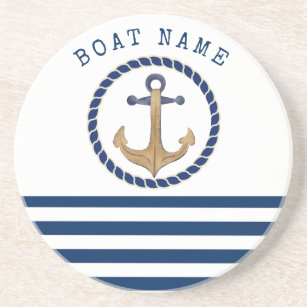 Nautical Boat Name,Retro Anchor Navy Blue Striped  Coaster