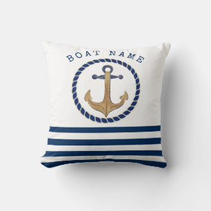 Nautical Boat Name,Retro Anchor Navy Blue Striped  Throw Pillow