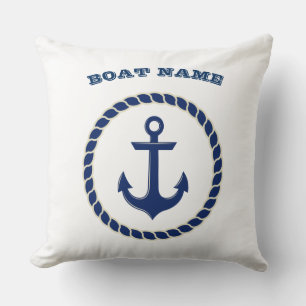 Nautical Boat Name,Rope,Anchor Navy Blue Striped Throw Pillow