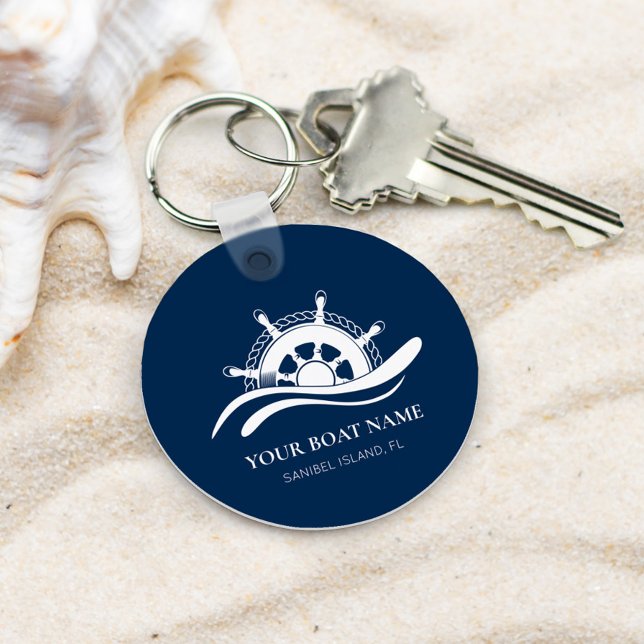 Nautical Boat Name Ship Wheel Navy Blue Keychain (Creator Uploaded)