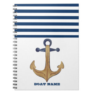 Nautical Boat Name,Vintage Anchor Navy Blue Stripe Notebook