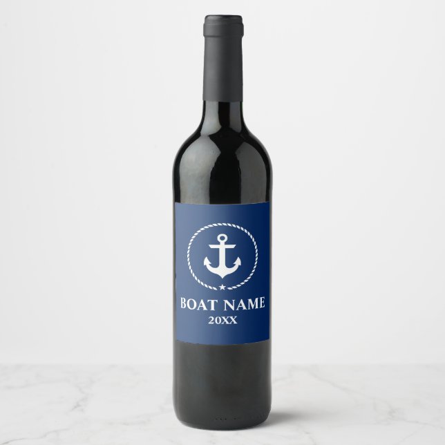 Nautical Boat Name Year Anchor Rope Navy Blue Wine Label (Front)