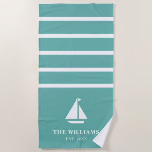 Nautical Boat Teal Striped Add Name Text Beach Towel