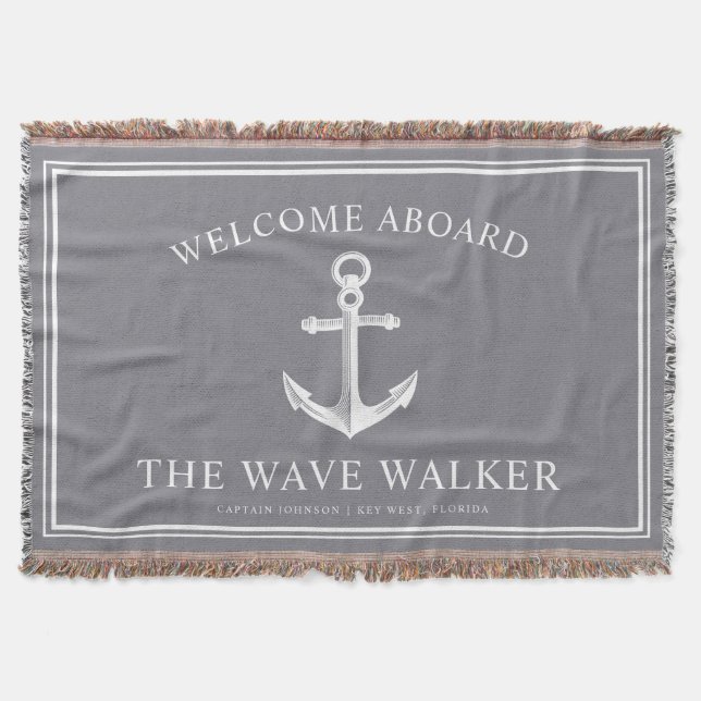 Nautical Boat Welcome | Grey and White Throw Blanket (Front)