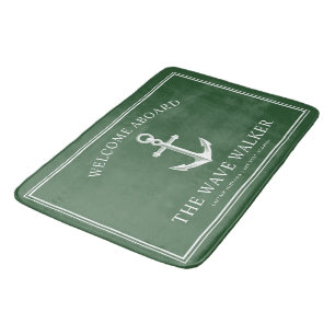 Nautical Boat Welcome   Hunter Green and White Bath Mat