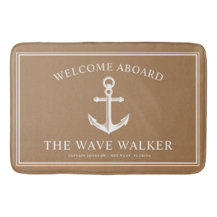 Nautical Boat Welcome Khaki and White Bath Mat