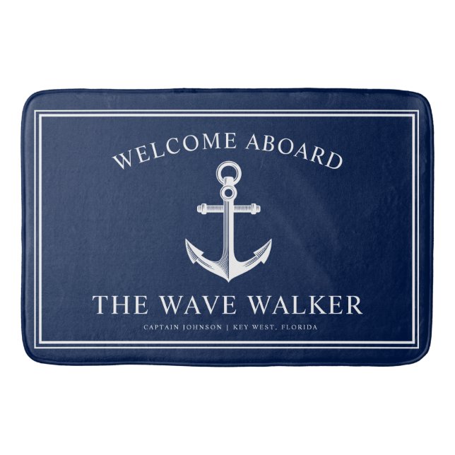Nautical Boat Welcome | Navy and White Bath Mat (Front)
