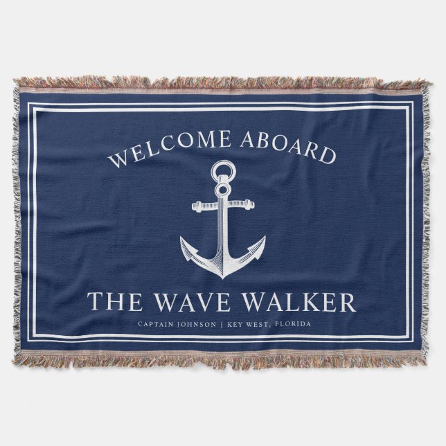 Nautical Boat Welcome | Navy and White Throw Blanket (Front)