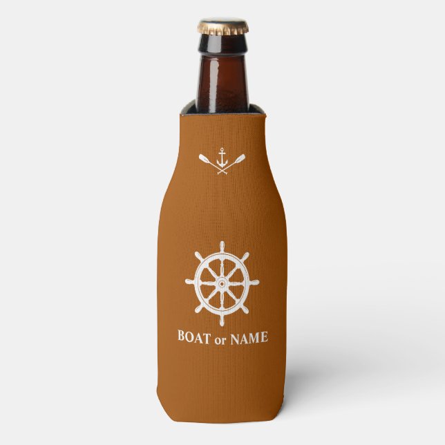 Nautical Boat Wheel Anchor Oars Boat Name Rust Bottle Cooler (Bottle Front)