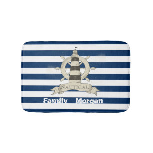 Nautical,Boat Wheel,Blue and White Stripes Bath Mat