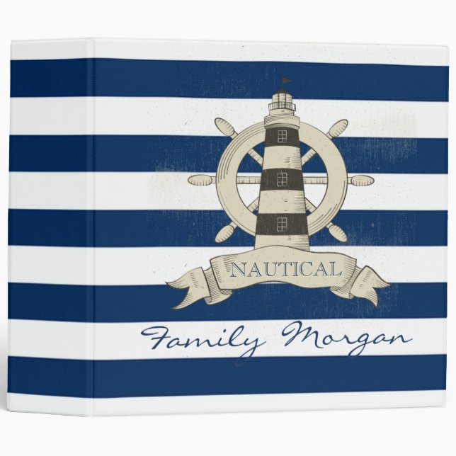 Nautical,Boat Wheel,Blue and White Stripes Binder (Front/Spine)