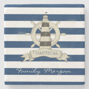 Nautical,Boat Wheel,Blue and White Stripes Stone Coaster