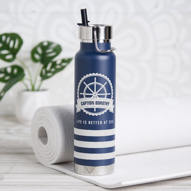 Nautical Boat Wheel Nave Blue Personalized Water Bottle (Yoga)