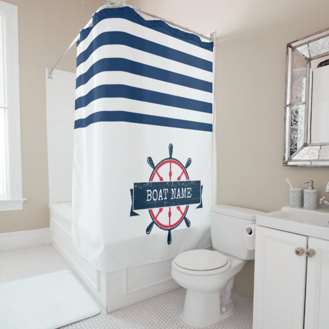 Nautical Boat Wheel, Navy Blue Striped (In Situ)