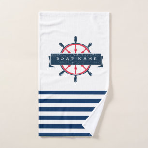 Nautical Boat Wheel, Navy Blue Striped Bath Towel Set