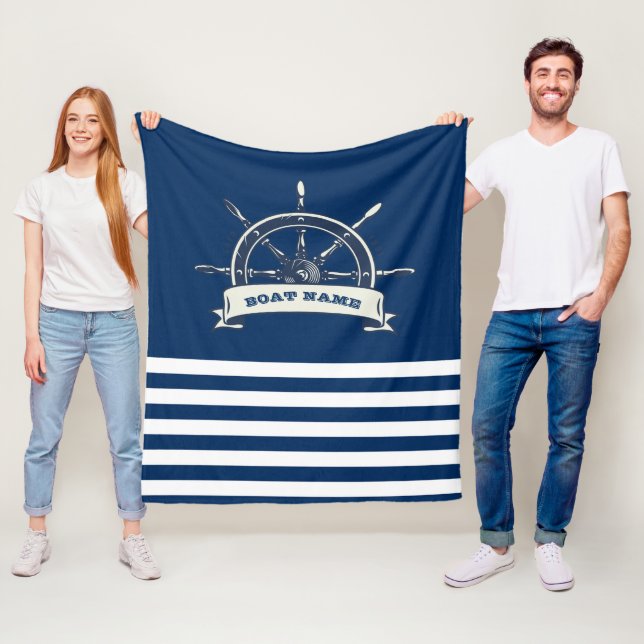 Nautical, Boat Wheel, Navy Blue Stripes Fleece Blanket (In Situ)