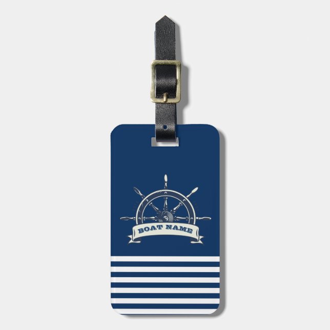 Nautical Boat Wheel, Navy Blue Stripes Luggage Tag (Front Vertical)