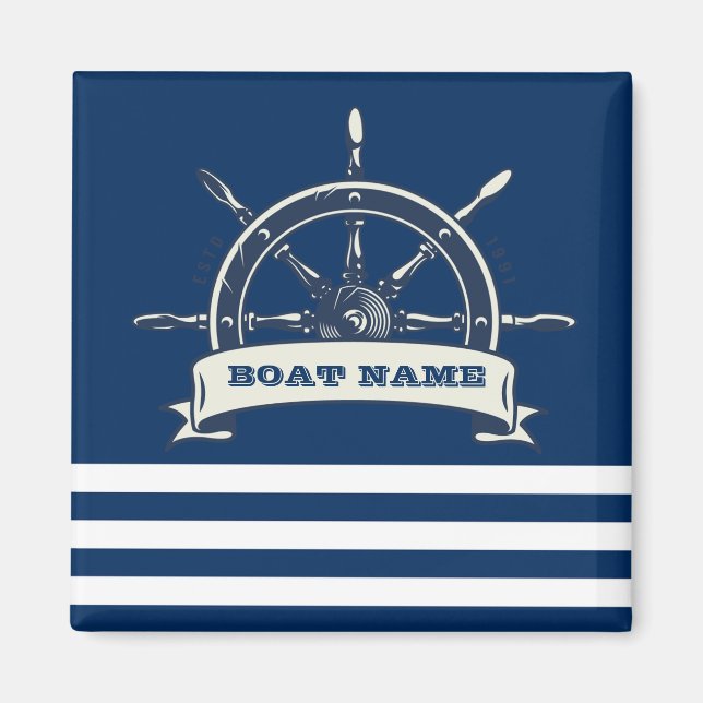 Nautical Boat Wheel, Navy Blue Stripes Magnet (Front)