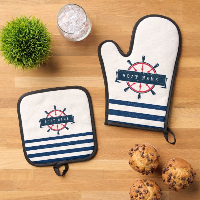 Nautical Boat Wheel, Navy Blue Stripes Oven Mitt & Pot Holder Set (Top Down)