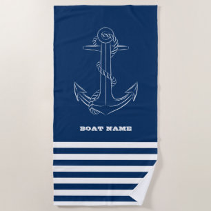 Nautical Boat Wheel, Navy Blue Stripes Sailor Beach Towel