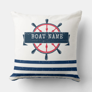 Nautical Boat Wheel, Navy Blue Stripes Throw Pillow