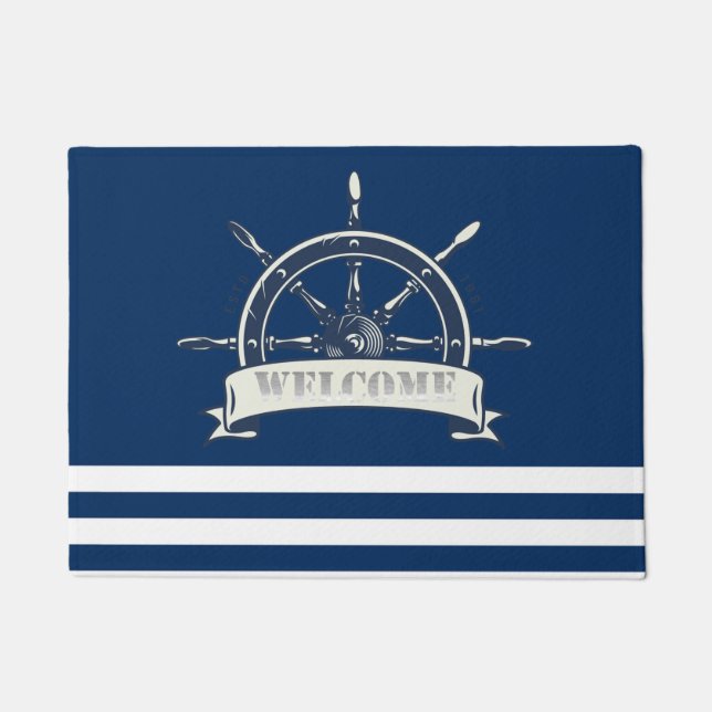 Nautical Boat Wheel, Navy Blue Stripes Welcome Doormat (Front)