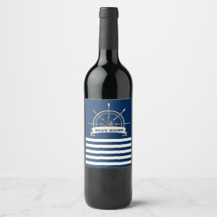Nautical Boat Wheel, Navy Blue Stripes Wine Label