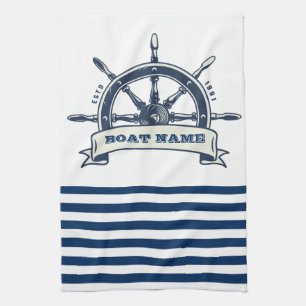 Nautical Boat Wheel, Navy Blue White Stripes Kitchen Towel